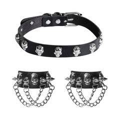 PRICES MAY VARY. Halloween Punk leather Choker and Bracelet Set: These spike choker bracelet set are made of quality faux leather and alloy, durable material comfortable touch feel, long time use. Convenient Size: cool punk gothic collar is 43* 1.8cm(16.9*0.7") , punk gothic bracelet is 24*3cm(9.5*1.2"). Skull choker collar neckalce, punk rock biker style with spike rivet decoraction, button adjustable, suitable for men women. Wide Application: Great for goth accessories, metal theme parties, ni Rock Style Choker Jewelry For Alternative Fashion, Rock Style Jewelry Choker For Alternative Fashion, Rock Style Choker For Alternative Fashion, Punk Style Choker Jewelry For Halloween, Edgy Black Leather Bracelet For Halloween, Rocker Style Festival Choker Jewelry, Emo Metal Choker For Festivals, Emo Style Metal Choker For Festivals, Edgy Metal Leather Bracelet As A Gift