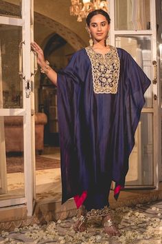 Navy blue kaftan with marodi, zardozi embroidery in floral pattern on yoke. Paired with matching pant. - Aza Fashions Semi-stitched Dabka Saree For Reception, Semi-stitched Dabka Palazzo Set For Reception, Embroidered Chanderi Anarkali Kaftan, Unstitched Art Silk Kurta For Reception, Reception Kaftan With Zari Work, Dola Silk Kurta With Resham Embroidery For Reception, Anarkali Raw Silk Kaftan With Resham Embroidery, Anarkali Kaftan With Zari Work For Festivals, Anarkali Kaftan With Zari Work For Reception