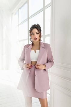 Fabric: High quality suiting fabric crepe diagonal Composition: cotton 65%, polyester 35% Included: jacket, skirt Single-breasted suit (2 button blazer) Jacket length: 72 cm/ 28,3 in Sleeve length: 62 cm/24, 4 in Skirt length: 47 cm/ 18,5 in Mini skirt Notch lapels jacket Jacket vent: no vent Lining option: fully-lined Color: purple, pink, olive Diagonal Composition, Women Suits, Pink Olive, Graduation Photography, Suiting Fabric, Formal Skirt, Lapel Jacket, 3 Piece Suits, Business Suit