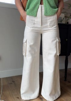 White linen cargo style pants for women Spring Wide-leg Cargo Jeans For Workwear, High Waisted Cargo Pants With Flap Pockets For Workwear, Beige Linen Cargo Bottoms, Casual Linen Pants With Multiple Pockets, Summer Workwear Pants With Flap Pockets, Chic Wide-leg Work Pants With Pockets, Wide-leg Cargo Work Pants, Fitted Wide Leg Cargo Jeans With Patch Pockets, Chic Fitted Cargo Jeans