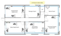 the floor plan for an office with two rooms and three different areas to each room