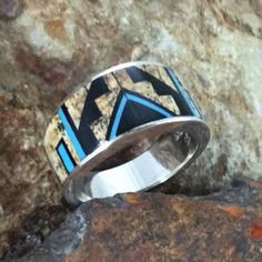 David Rosales Turquoise Creek Fancy Inlaid Sterling Silver Ring Turquoise Jewelry Rings, Contemporary Southwest, Arrow Jewelry, Spiny Oyster Jewelry, Lapis Jewelry, Black Jade, Black Arrow, Silver Belt Buckle, American Indian Jewelry