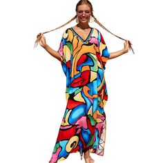 Multicolor Graffiti Loose Beach Kimono Dress Dress Swimwear, Beach Kimono, Maternity Maxi, Swimwear Beach, Ethnic Print, Caftan Dress, Swimwear Cover Ups, Kimono Dress, Kaftan Dress