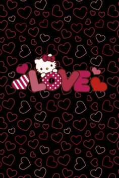 hello kitty wallpaper with hearts and the word love written in pink on black background