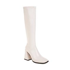 Type: Knee-High BootsGender: FemaleSeason: Demi-seasonStyle: Casual;Business;Cocktail;Evening;WeddingUpper Material: Faux leatherInner Material: TextilesSole Material: RubberHeel Type: Thick heelCasual Footwear Features: Closed noseClosure Type: Without claspMain Pattern: plainToe: SquareHeel Height: approx. 10cmPlatform Height: approx. 0.5cmShaft Height: approx. 46cmCircumference: approx. 33cm(The measured data is Manufacturer's Size 36)Package Contents: 1 x Shoes (Pair)Please see our size guid Summer Party Knee-high Boots, White Wide Calf Boots For Party, White Heeled Boots For Spring Party, Chic Spring Party Platform Boots, White Knee-high Party Boots, Spring Party Platform Boots With Wide Calf, Elegant Knee-high Summer Boots, Wide Calf Platform Boots For Spring Parties, Fitted White Platform Boots For Fall