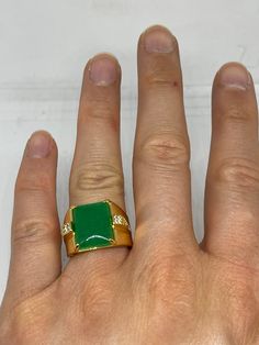 Vintage Lucky Green Nephrite Jade ring Large green nephrite jade Ornate gold finished White bronze Vintage ring, does not tarnish, NOT sterling Size 8, 8.25, 9.5 or 10 My jeweler can custom re size for a $10-$20 fee All rings are shipped free in the US in a nice gift box. Check out our over a THOUSAND great reviews Engraving is $4 per letter and is not always perfect depending on the piece. It can take a few days if the jeweler is busy. This is payable to Paypal Judithsltd@gmail.com Green Gemstone Signet Ring For Formal Occasions, Formal Green Gemstone Signet Ring, Green Rectangular Signet Ring For Formal Occasions, Green Gemstone Signet Ring For Anniversary, Formal Gold Jade Rings, Green Emerald Cut Hallmarked Signet Ring, Green Emerald-cut Hallmarked Signet Ring, Emerald Cut Green Signet Ring, Hallmarked, Gold Jade Ring With Polished Finish