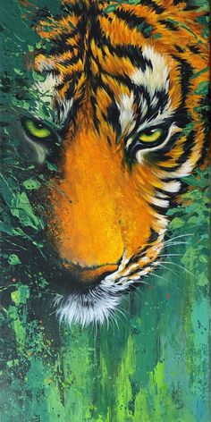 a painting of a tiger's face with green and yellow paint on the background