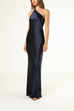 Sleek Bias Cut Wedding Dress, Pre-draped Silk Slip Dress For Gala, Satin Maxi Dress With Bias Cut And Fitted Bodice, Sleek Gown With Satin Finish For Gala, Sleek Gala Gown With Satin Finish, Sleek Satin Finish Gown For Gala, Sleek Satin Gown With Satin Finish, Silk Gown With Asymmetrical Neckline, Sleek Satin Gown