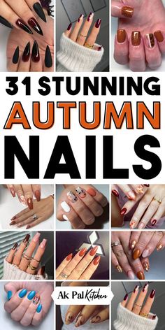 Fall Gold Leaf Nails, Fall Nail Multi Colors, Harvest Nails Designs, Thanksgiving Nails Glitter, Fall Nails With Glitter Accent, Autumn Fingernails, Harvest Nails Fall, Fall Nail Art Designs Sparkle, Harvest Nail Designs