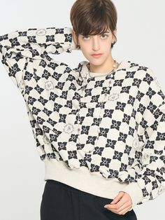 Editor's NotesThis sweatshirt is printed with checked pattern and has a comfortable and stylish overfit silhouette. Made from soft cotton-blend jersey that is suitable throughout the year except for summer. It prevents twisting and contracting of the product through Tentar&Dumbled processing, and it is a semi-overfit that both men and women can wear it with a comfortable silhouette. It has a durable sewing finish by preventing stranglehold using Herringbone tape.- Crew neck- Graphic print on the front- Ribbed edges- Drop shoulder- Oversized fit- Minimize shrinkage and distortionMeasurements (in.)One size(XS-M)- Total Length: 25.59 in.- Shoulder: 24.8 in.- Chest: 24.4 in.- Sleeve Length: 21.65 in.Model info: 5' 8.1*Depending on the size measurement method, there may be a 1–2 cm err Oversized Jacquard Knit Crew Neck Sweatshirt, Streetwear Cotton Jacquard Knit Sweatshirt, Casual Cotton Sweater With Argyle Pattern, Casual Cotton Argyle Sweater, Casual Long Sleeve Argyle Pattern Tops, Casual Long Sleeve Argyle Top, Casual Argyle Pattern Crew Neck Tops, Casual Argyle Crew Neck Tops, Casual Cotton Tops With Argyle Pattern