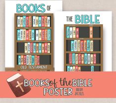 books of the bible poster with an image of a bookcase and a cross on it