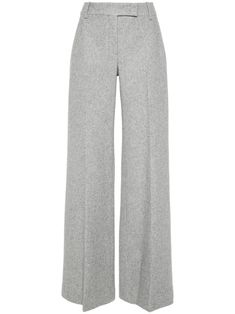 grey wool blend mélange effect felted finish belt loops concealed front button, hook and zip fastening wide leg two side inset pockets straight hem long length Tailored Wool Wide Leg Pants, Wide Leg Wool Dress Pants For Office, Gray Wide Leg Pants For Winter, Elegant Gray Wide Leg Pants, Elegant Gray Full-length Wide Leg Pants, Wool Wide-leg Dress Pants With Welt Pockets, Tailored Wool Wide Leg Pants For Office, Wide Leg Wool Pants With Pressed Crease, Wool Wide Leg Dress Pants With Welt Pockets