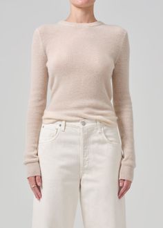 Alessia Crewneck Sweater in Cream front White Fitted Sweater For Layering, Fine Knit Long Sleeve Sweater In Neutral Color, Fitted Cream Sweater For Layering, Fitted Long Sleeve Neutral Sweater, Fitted Crew Neck Sweater In Winter White, Fitted Winter White Crew Neck Sweater, White Crew Neck Sweater For Layering, White Cashmere Sweater For Layering, Classic Neutral Crew Neck Sweater