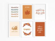 four different thanksgiving cards with the words happy, autumn, pumpkins and pies