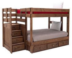 a bunk bed with drawers underneath it and a red pillow on the bottom one side