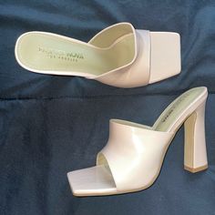 Never Worn *If Any Questions Let Me Know Spring 4-inch Square Toe Heels, Beige Round Toe Heels For Night Out, Beige Closed Toe Heels For Night Out, Cream High Heel Synthetic Mules, Cream High Heel Mules, Chic Cream Heels For Night Out, Beige Mules With Sculpted Heel For Party, Cream Platform Heels With Square Toe, Trendy Cream Heels With Reinforced Heel