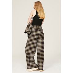 Brown plaid crepe (64% Polyester, 34% Rayon, 2% Spandex). Pants. Front zipper closure. 34" inseam. 13" rise. Imported. Chic Plaid Straight Leg Pants, Chic Plaid Bottoms For Business Casual, Chic Plaid Straight Leg Bottoms, Chic Plaid Wide Leg Pants, Plaid High Waist Wide Leg Pants, High Waist Plaid Pants For Fall, Plaid Trousers For Business Casual, Chic High-waisted Plaid Pants, Plaid Wide-leg Pants For Fall