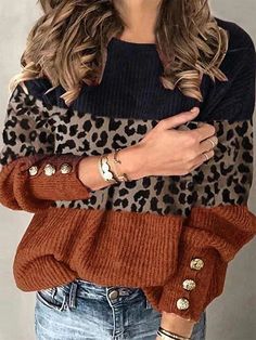 Multi Casual Graphic Tops Round Neck Long Sleeve Patchwork Printed Sweaters Cheap Sweaters Online, Casual Pullover Sweater, Leopard Sweater, Graphic Tops, Pullover Sweater Women, Casual Sweaters, Printed Sweater, Jumper Sweater, Casual Pullover