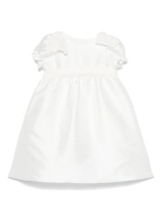 white bow detailing rear button fastening round neck short puff sleeves rear bow fastening ruched detailing full lining flared Dress With Jean Jacket, Baby Boy Accessories, Dolce And Gabbana Kids, White Bow, Stella Mccartney Kids, Clothes Gift, Dress White, Swimwear Tops, Jeans Dress