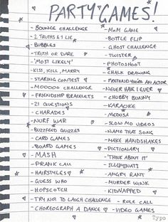 a list of party games written in black ink