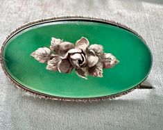 Rare Antique Art Deco Sterling Silver and Jade Brooch Artistic Formal Brooch Jewelry, Green Art Nouveau Wedding Brooches, Artistic Wedding Jewelry Brooch, Artistic Wedding Brooch Jewelry, Artistic Wedding Jewelry With Brooch, Handmade Green Brooch For Formal Occasions, Handmade Green Brooches For Formal Occasions, Formal Green Handmade Brooches, Handmade Antique Green Brooches