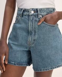 The A-Line Denim Short Mid Blue – Everlane Wardrobe Pieces, Denim Short, The Test, Denim Shorts, High Rise, A Line, Organic Cotton, Wardrobe, Blue