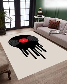 a living room area rug with a vinyl record on it