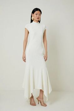 Petite Textured Jersey Dramatic Hem Maxi Dress | Karen Millen Elegant White High Neck Maxi Dress, Elegant Midi Dress With Mermaid Hem For Spring, Elegant White Maxi Dress With Mermaid Hem, Elegant High Neck Maxi Dress For Spring, Spring Evening Midi Dress With Cap Sleeves, Elegant Cap Sleeve Midi Dress For Summer, Chic Cap Sleeve Midi Dress For Party, Latest Maxi Dresses, Plus Size Workwear