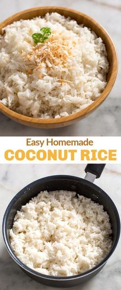 coconut rice in a black bowl with the words easy homemade coconut rice on top and bottom