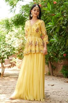 Shop for Aman Takyar Yellow Georgette Embroidered Kurta And Sharara for Women Online at Aza Fashions Peplum Top With Sharara, Top With Sharara, Organza Sharara, Yellow Sharara, Blue Sharara, Velvet Kurta, Indian Designers, Sharara Pants, Haldi Outfit