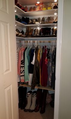 the closet is full of shoes and boots for all kinds of clothes to wear on