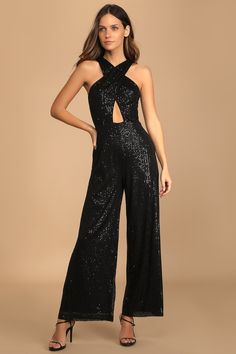 Black Sequin Jumpsuit - Cutout Halter Jumpsuit - Sexy Jumpsuit - Lulus Jumpsuit Prom, Prom Jumpsuit, Black Sequin Jumpsuit, Sparkly Jumpsuit, Nye Outfits, Sequin Jumpsuit, Nails Prom, Designer Jumpsuits, Jumpsuit Party