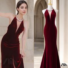 Zlily - Enhance your elegance with a wine red, open-back, slim-fit mermaid dress for brides, perfect for engagement, thanksgiving, or formal events. Dress For Engagement, Backless Mermaid Dress, Burgundy Evening Dress, Mermaid Evening Gown, Princess Sleeves, Engagement Parties, Fashion Drawing Dresses, Fashion Illustration Dresses, Engagement Dresses