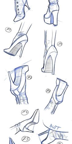 some sketches of high heeled shoes with heels on top and bottom, all in different positions