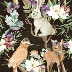 seamless pattern with deer and flowers on black background for wallpaper, fabric or bedding