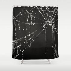 a shower curtain with water droplets on the web and spider's web around it