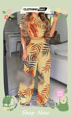 Casual Print Contrast O Neck Short Sleeve Two Pieces Khaki Fashion, Loose Pants, Orange Fashion, Print Crop Tops, Yellow Fashion, Fashion Pattern, Green Fashion, Red Fashion, Wholesale Fashion