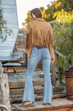 Fringe suede moto jacket with an open front. Wedding Cowboy Boots, Western Vibes, Suede Fringe Jacket, Suede Moto Jacket, Mens Cowboy Boots, Faux Suede Jacket, Fringe Jacket, Playsuit Romper, Suede Fringe