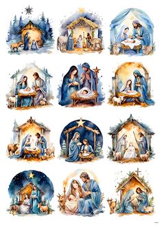 the nativity scene is depicted in watercolors