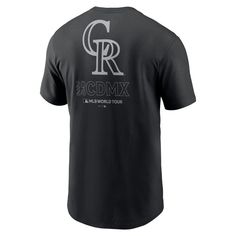 The Men's Nike Black Colorado Rockies 2024 MLB World Tour Mexico City Series T-shirt is a must-have for true Colorado Rockies fans. This stylish tee features a crew neck and screen-printed graphics that proudly display your allegiance to the Rockies. Made from soft cotton, this shirt offers all-day comfort, whether you're cheering at the stadium or showing support around town. Machine wash, tumble dry low Material: 100% Cotton Crew neck Screen print graphics Brand: Nike Short sleeve Officially l Nike Fan Apparel T-shirt For Streetwear, Band Logo T-shirt Fan Apparel, Band Logo T-shirt For Fans, Band Logo T-shirt For Fan Merchandise, Urban Band Logo T-shirt For Fans, Urban Band Logo T-shirt For Fan Gear, Urban Band Logo T-shirt For Fan Merchandise, Urban Style T-shirt With Band Logo, Nike Urban T-shirt With Graphic Print