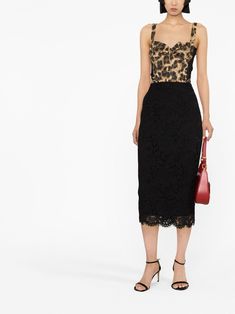 lace-detail midi skirt from DOLCE & GABBANA featuring black, lace detailing, high-waisted, scallop hem and below-knee length. Midi Skirt Black, Lace Midi Skirt, Scallop Hem, Latest Fashion Design, Black Midi Skirt, Mid Length Skirts, Lace Midi, Scalloped Hem, Roberto Cavalli