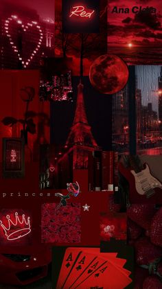 a collage of red images with the eiffel tower lit up in the background