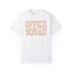 Showcase your dedication and care with Office Squad Comfort Colors shirt, perfect for staying cozy and professional. Wear to celebrate the first or last day of school, or to show your career pride in style year round!  About - Comfort Colors 1717 Crewneck Tshirts - 100% Ring-Spun Cotton - Relaxed Fit, Unisex Sizing - Direct to Garment (DTG) Printed - Ink is printed directly onto the item which results in a long lasting, slightly distressed look.  Care - For best care, we recommend apparel is machine washed cold (not exceeding 90 F) inside out. - Hang dry is recommended, or tumble dry low to medium.  - Do not use fabric softener/bleach. - Do not dry clean. - Do not iron on the print! Shipping - Shirts are shipped from the US.  - Normal delivery is approximately 10-14 days for US customers, Normal Delivery, Office Staff, Front Office, Professional Wear, Squad Shirt, Comfort Colors Shirt, Last Day Of School, Fabric Softener, School Office