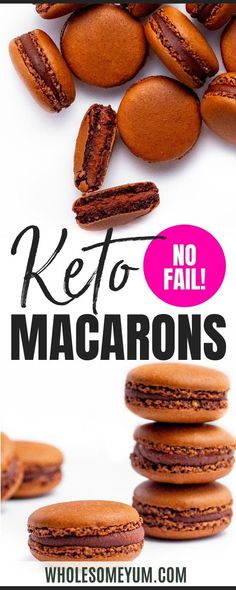 some cookies are stacked on top of each other with the words keto macarons