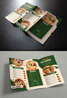 two different views of a restaurant brochure, one with an image of the menu and