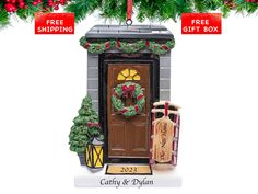 a christmas ornament with a door and wreath