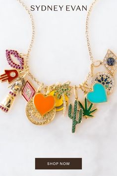 Trendy yet timeless jewelry to wear all year round. Create your own multi-charm necklace with pieces meaningful to you. Bring your shine with Sydney Evan fine jewelry. Multi Charm Necklace, Trendy Jewelry 2023, Charm Necklace Ideas, Custom Pendant Necklace, Charm Necklace Diy, Playful Jewelry, Pop Jewelry, Trendy Jewellery