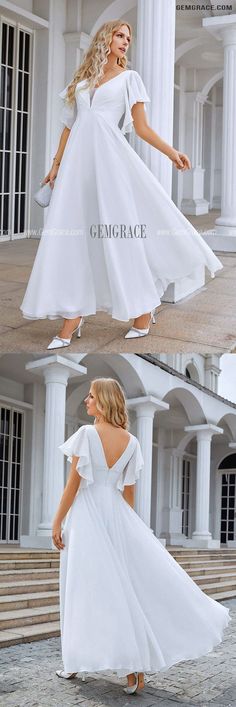 10% off now|Free shipping world-wide. Vneck Aline Comfy Chiffon Summer Wedding Dress with Sleeves at GemGrace. Click to learn our pro custom-made service for wedding dress, formal dress. View #BeachWeddingDresses for more ideas. Elegant White Chiffon V-neck Dress, Elegant White V-neck Chiffon Dress, White Flowy Chiffon V-neck Dress, White Flowy V-neck Chiffon Dress, Elegant V-neck Wedding Dress For Beach Wedding, White Chiffon Bridesmaid Dress, Chiffon Wedding Dress With Short Sleeves, Elegant V-neck Beach Wedding Dress, V-neck Wedding Dress For Bride