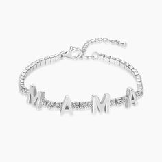 Cherish the moments with our MAMA Cubic Zirconia Tennis Bracelet, adorned with the endearing word "Mama." This bracelet is a timeless keepsake, perfect for celebrating the bond between mother and child. Whether for Mother's Day or to honor a new mom, it symbolizes the enduring love that lasts from today, through tonight, and into tomorrow. Adjustable White Gold Bracelets For Mother's Day, White Gold Bracelet For Mother's Day, Adjustable Name Bracelet As Gift For Mom, Mother's Day White Gold Bracelet, Mother's Day Custom Name Charm Bracelet, White Gold Charm Bracelet For Anniversary On Mother's Day, Name Bracelets As Mother's Day Gifts, White Charm Bracelet For Anniversary On Mother's Day, Name Bracelets For Mother's Day Gift