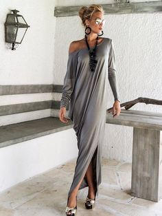 Maxi Dress / Gray Maxi Dress / Long Sleeve Dress / Plus Size Dress / Evening Dress / Asymmetric Dress / Elegant Dress / #35048 This elegant, sophisticated, loose and comfortable maxi dress, looks as stunning with a pair of heels as it does with flats. You can wear it for a special Bohemian Asymmetrical Fall Dresses, Draped Maxi Dress With Side Slits For Spring, Bohemian Party Dress With Side Slits, Bohemian Asymmetrical Party Dress, Bohemian Asymmetrical Dress For Party, Bohemian Midi Dress With Asymmetrical Hem For Party, Spring Draped Dresses With Side Slits, Bohemian Draped Maxi Dress For Party, Bohemian Asymmetrical Maxi Dress For Party